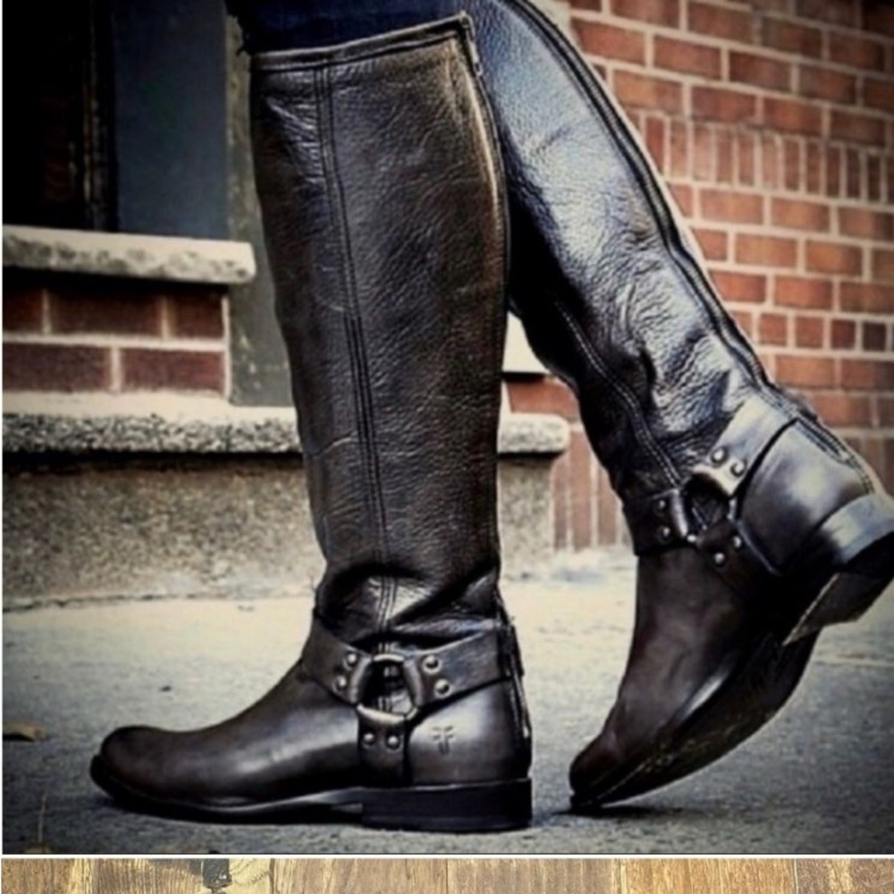 Frye Black Leather Tall Harness Boots